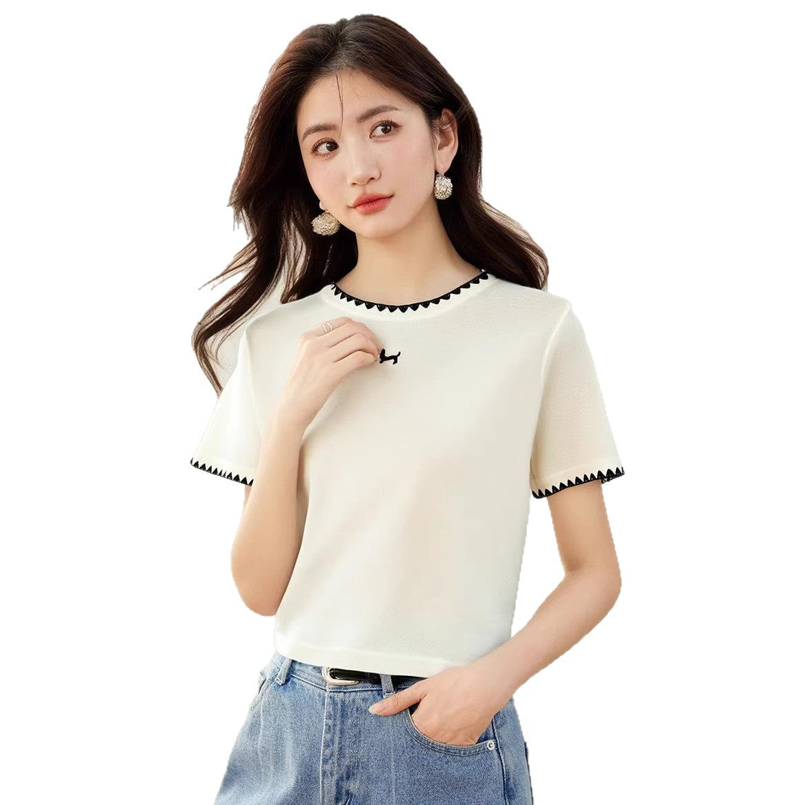 Ruffled Collar Color-Blocked Short Sleeve T-Shirt for WomenRegular Shoulder Waist-Cinching, Ideal for Petite Figures