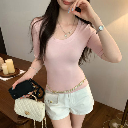 Pink U-Neck Short Sleeve T-Shirt Casual Crop Top for Petite Women