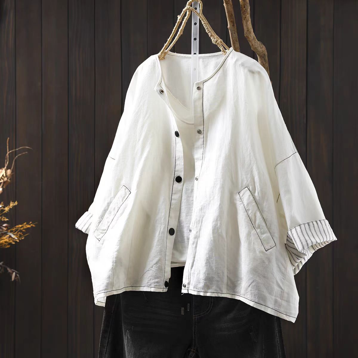 Linen Short Jacket Women's Petite Thin Versatile Casual Loose Simple Three-quarter Sleeve Blouse Top