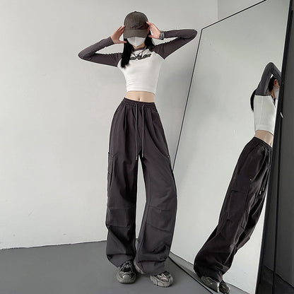 Black Cargo Pants for Women, Spring and Autumn New Outdoor Tactical Pants, Petite Size, Loose Straight Leg Sporty Wide Leg Pants