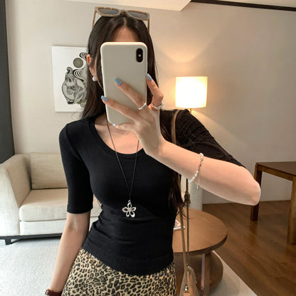 Pink U-Neck Short Sleeve T-Shirt Casual Crop Top for Petite Women