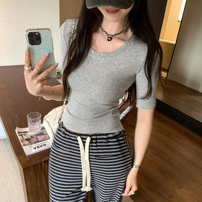 Pink U-Neck Short Sleeve T-Shirt Casual Crop Top for Petite Women