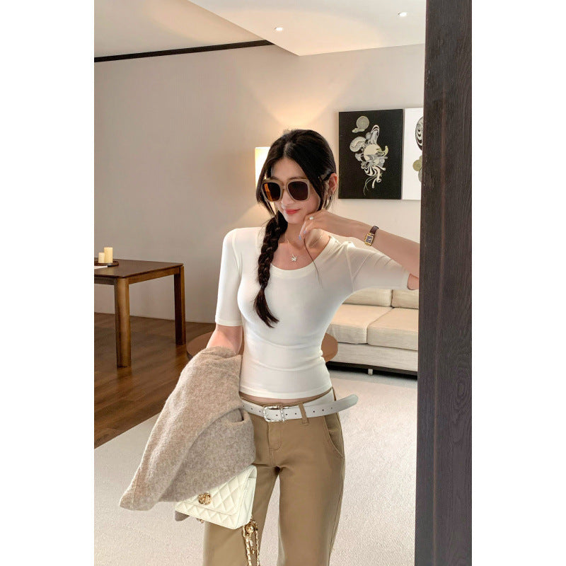Pink U-Neck Short Sleeve T-Shirt Casual Crop Top for Petite Women