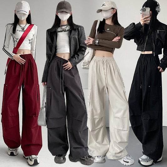 Black Cargo Pants for Women, Spring and Autumn New Outdoor Tactical Pants, Petite Size, Loose Straight Leg Sporty Wide Leg Pants