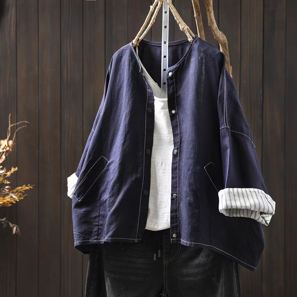 Linen Short Jacket Women's Petite Thin Versatile Casual Loose Simple Three-quarter Sleeve Blouse Top