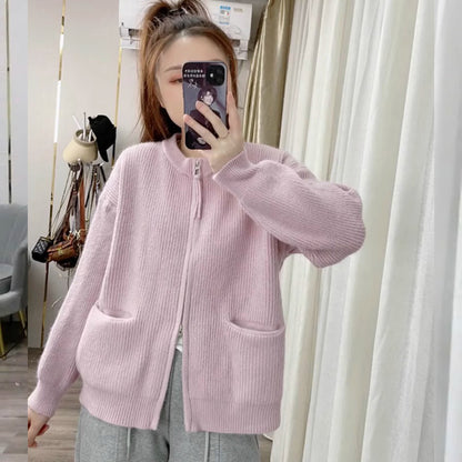 Knitted Cardigan Women Korean Style Round Neck Slim Fit Double Zipper Short Length Petite Sweater Coat