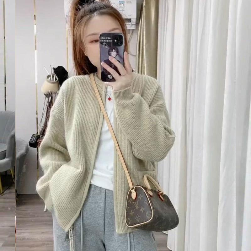 Knitted Cardigan Women Korean Style Round Neck Slim Fit Double Zipper Short Length Petite Sweater Coat
