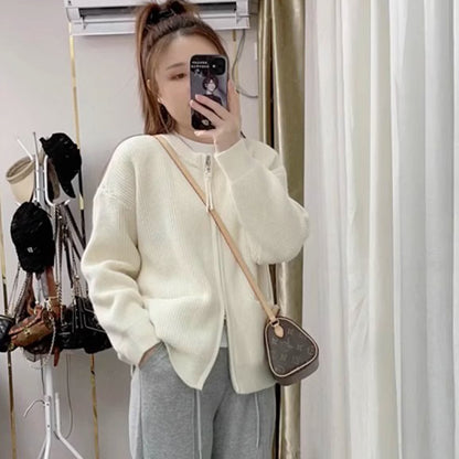 Knitted Cardigan Women Korean Style Round Neck Slim Fit Double Zipper Short Length Petite Sweater Coat
