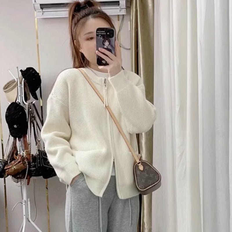 Knitted Cardigan Women Korean Style Round Neck Slim Fit Double Zipper Short Length Petite Sweater Coat