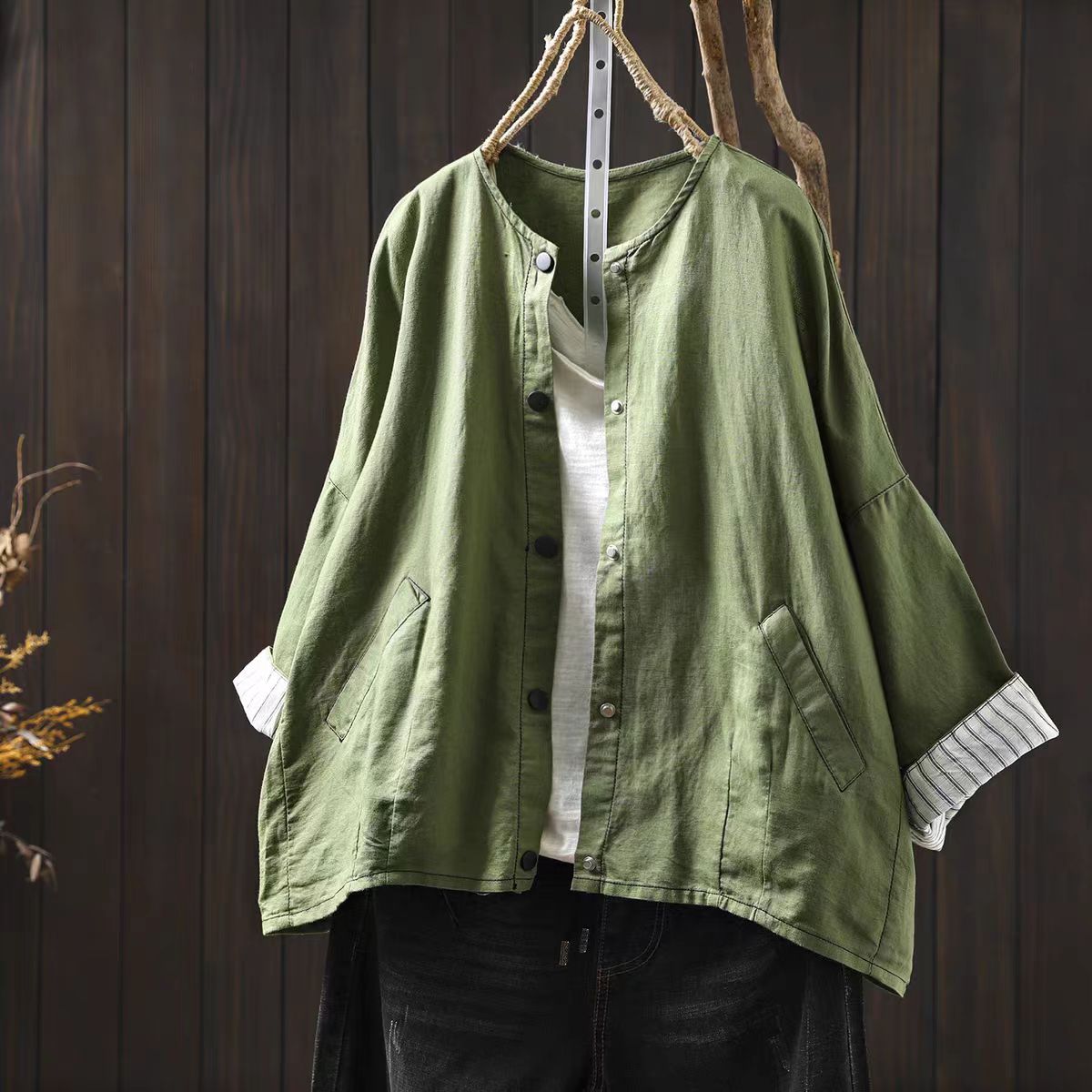 Linen Short Jacket Women's Petite Thin Versatile Casual Loose Simple Three-quarter Sleeve Blouse Top