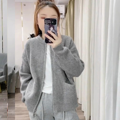 Knitted Cardigan Women Korean Style Round Neck Slim Fit Double Zipper Short Length Petite Sweater Coat