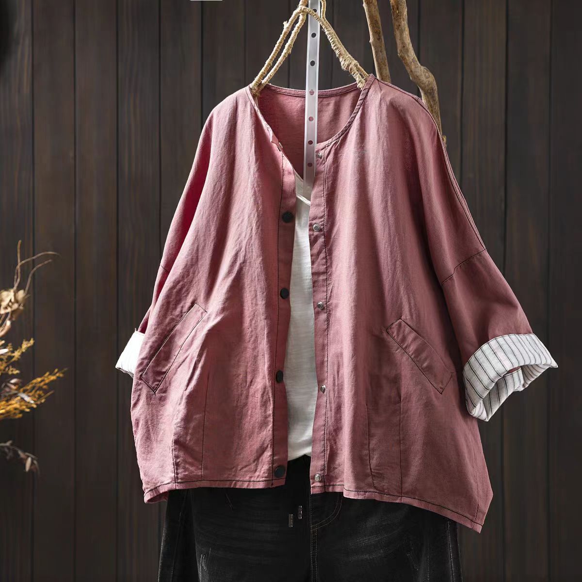 Linen Short Jacket Women's Petite Thin Versatile Casual Loose Simple Three-quarter Sleeve Blouse Top