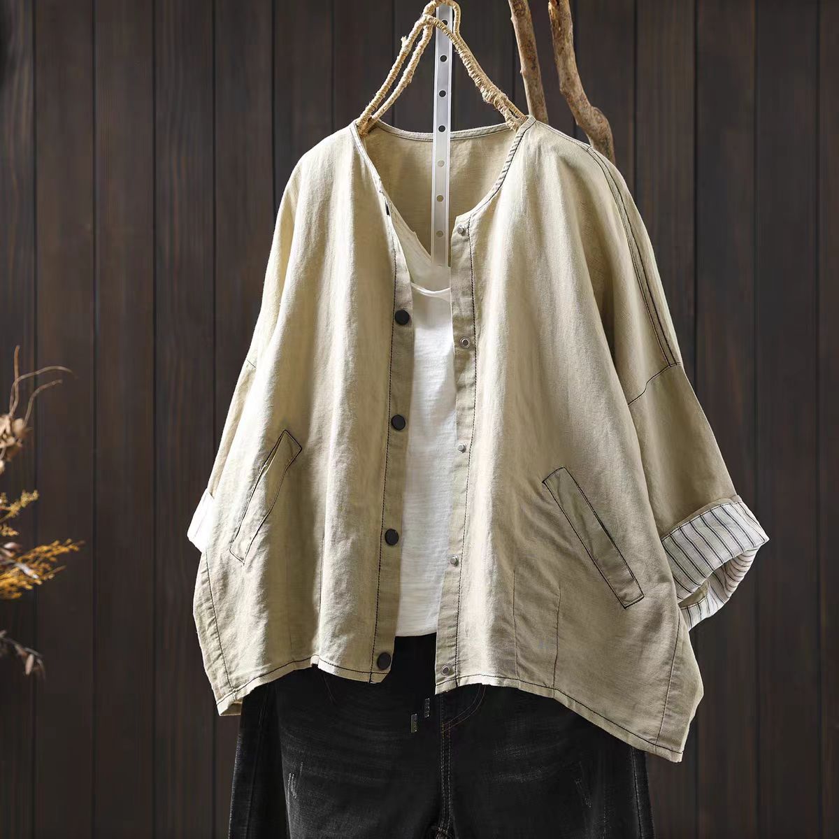 Linen Short Jacket Women's Petite Thin Versatile Casual Loose Simple Three-quarter Sleeve Blouse Top