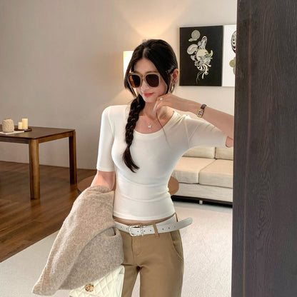 Pink U-Neck Short Sleeve T-Shirt Casual Crop Top for Petite Women