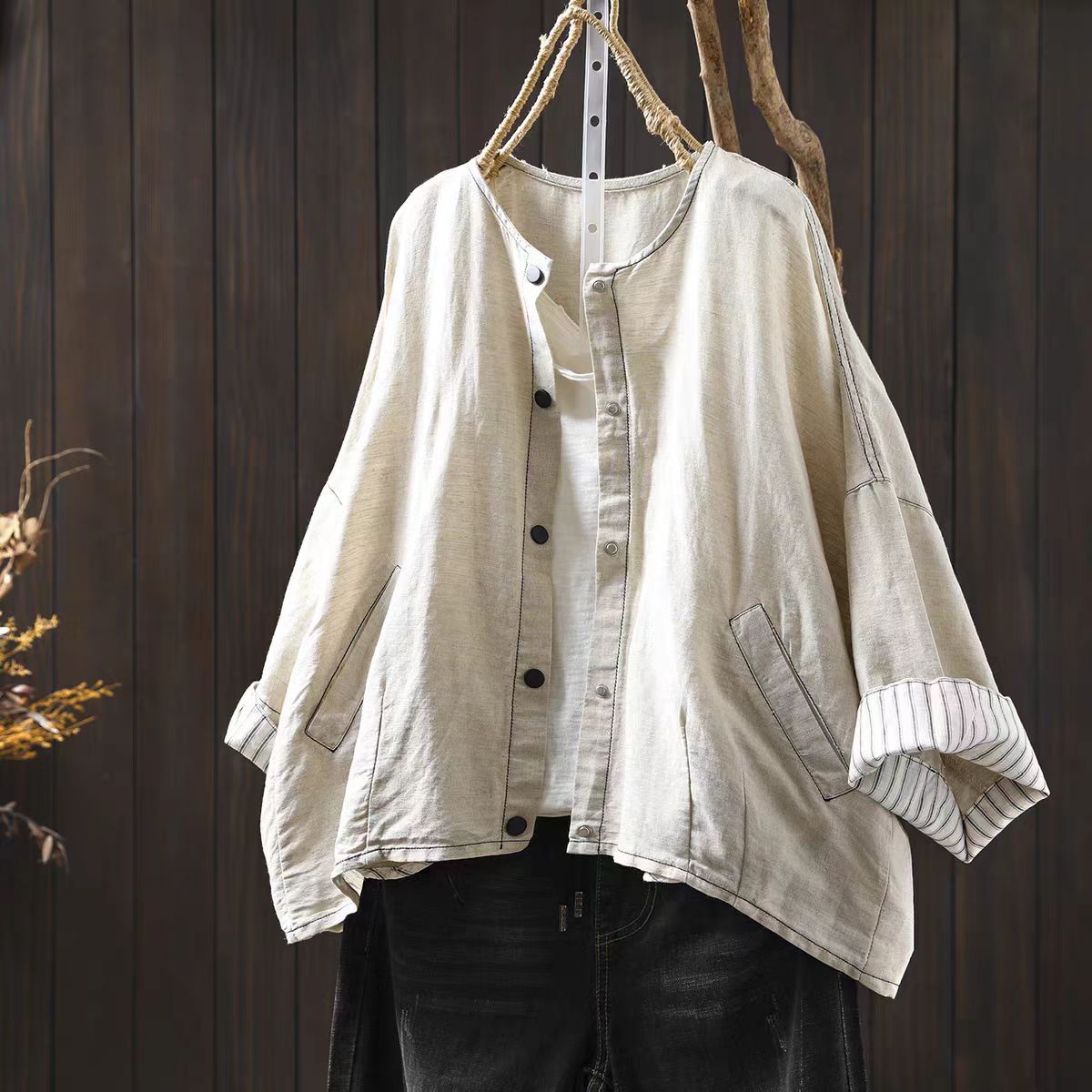 Linen Short Jacket Women's Petite Thin Versatile Casual Loose Simple Three-quarter Sleeve Blouse Top