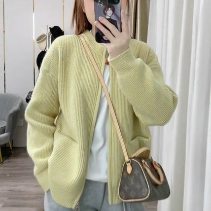 Knitted Cardigan Women Korean Style Round Neck Slim Fit Double Zipper Short Length Petite Sweater Coat