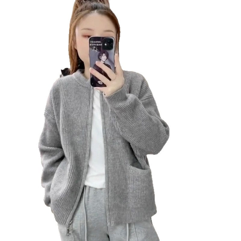 Knitted Cardigan Women Korean Style Round Neck Slim Fit Double Zipper Short Length Petite Sweater Coat