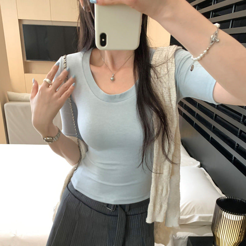 Pink U-Neck Short Sleeve T-Shirt Casual Crop Top for Petite Women